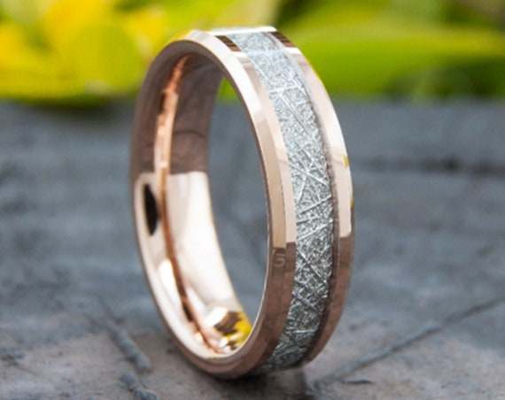 Rose Gold Tungsten Ring Men Women Wedding Band Meteorite Inlay Beveled 6MM Size 5 to 14 Anniversary Marriage His Her Gift Engraving Services