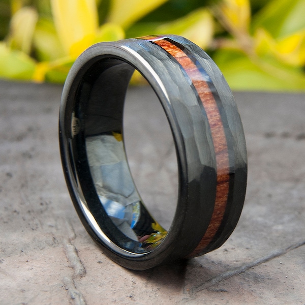 Black Hammered Tungsten Ring Wood Inlay Wedding Band Mens 8MM Comfort Fit Design Size 5 to 15 Male Unique Fashion Anniversary Love Gift