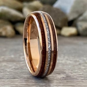 Wedding Rose Gold Ring Tungsten Anniversary Band Wood Meteorite Inlay Domed 6MM Width Size 5 to 14 Men Women Engagement Promise Ring Gift
