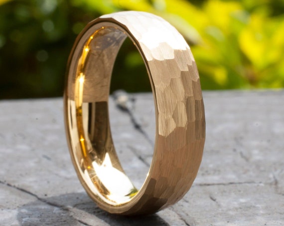 Hammered Gold Tungsten Ring Men Women Wedding Band 6MM Yellow Classic Elegant Brushed Design Size 5 to 14 His Her Anniversary Promise Gift