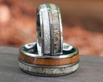 Deer Antler Wood Meteorite Wedding Bands Tungsten Ring Men Women Set Or Single Ring Gift 8MM Size 5 to 15 His Her Anniversary Unique Gift