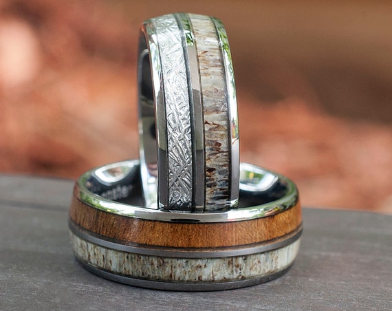 Deer Antler Wood Meteorite Wedding Bands Tungsten Ring Men Women Set Or Single Ring Gift 8MM Size 5 to 15 His Her Anniversary Unique Gift