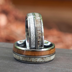 Deer Antler Wood Meteorite Wedding Bands Tungsten Ring Men Women Set Or Single Ring Gift 8MM Size 5 to 15 His Her Anniversary Unique Gift