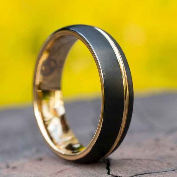 Gold Tungsten Ring Men Woman Black Wedding Band Matte Brush Design 6MM Size 4 to 14 Anniversary Special Occasion Gift Engraving Service Opt