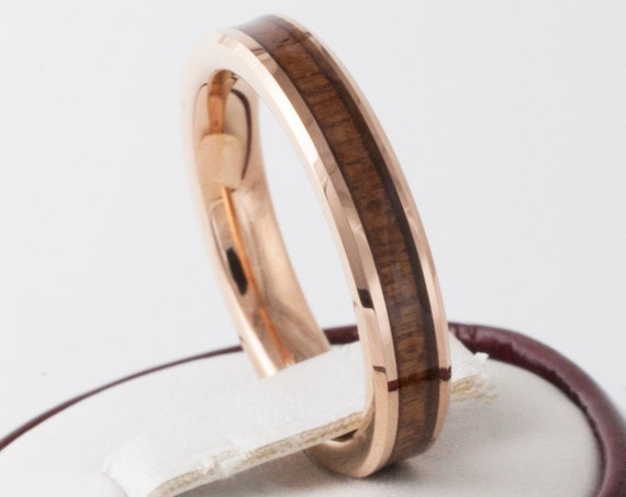 Rose Gold Tungsten Wood Ring Women Thin Wedding Band 4MM Size 4 to 14 Great Men Engagement Anniversary Gift His Her Elegant Koa Wood Inlay