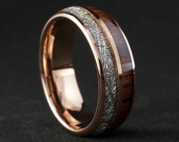 Rose Gold Wood Meteorite Tungsten Ring Male Wedding Band Polished 2-Inlay Domed Design 8MM Size 4 to 15 Mens Anniversary Fathers Day Gift