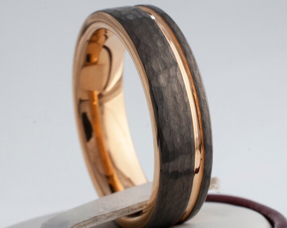 Gunmetal Tungsten Ring Rose Gold Wedding Band Hammered Light Black Color Women Men Comfort Fit 6MM Sizes 4 to 14 Anniversary Engagement Gift