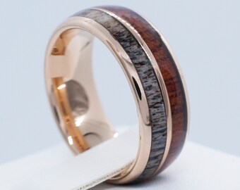 Male Wedding Band Rose Gold Deer Antler Wood Tungsten Ring Men High Polish Domed Design 8MM Size 5 to 15 His Her Anniversary Engagement Gift