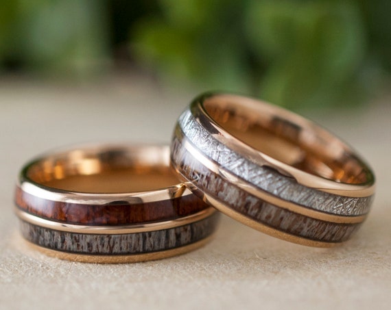 Wood Meteorite Deer Antler Wedding Bands Rose Gold Tungsten Ring Men Women Set Or Single Gift 8MM Size 5 to 15 His Her Anniversary Love Gift
