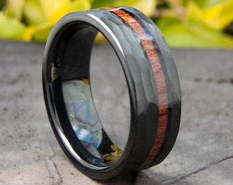 Black Hammered Tungsten Ring Wood Inlay Wedding Band Mens 8MM Comfort Fit Design Size 5 to 15 Male Unique Fashion Anniversary Love Gift