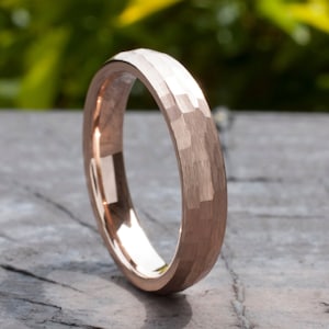 Hammered Rose Gold Tungsten Ring 4MM Woman Wedding Bridal Band Thin Classic Brushed Size 4 to 14 Her Anniversary Engagement Special Gift