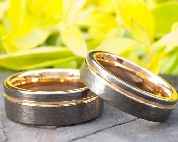 Rose Gold Tungsten Ring Hammered Gunmetal Set Or Single Wedding Band Light Black Brushed Design Men Women 8MM 6MM Size 4-15 Anniversary Gift