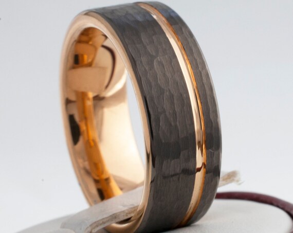 Hammered Rose Gold Tungsten Ring Gunmetal Black Color Wedding Band Brushed Man Women 8MM Size 5-15 Great His Her Anniversary Engagement Gift