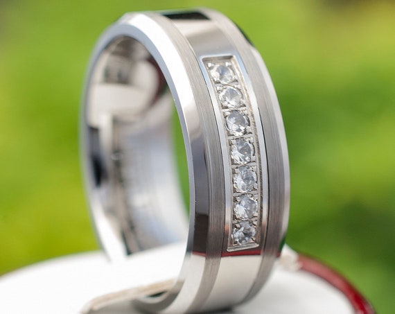 Men Wedding Band Grey Tungsten Ring 7 Stone Inlay Polished And Brushed Design Fashion 8MM Size 5 to 16 His Her Good Luck Marriage Ring