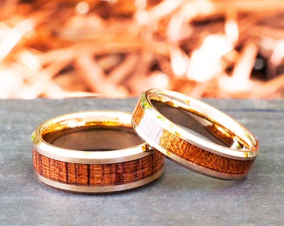 Wood Tungsten Ring Rose Gold Men Women Wedding Anniversary Band  Set Or Single Ring 8MM 6MM Size 4 to 15 His Or Her Special Occasion Gift