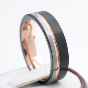 ローズゴールド タングステンリング ブラック＆グレー 結婚指輪 レディース メンズ コンフォートフィット 6mm サイズ4～14 プロミス 記念日 婚約 ギフト 刻印オプション