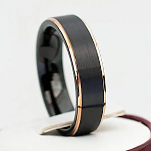 Black Tungsten Ring Classy Brushed Design With Rose Gold Thin Lines Wedding Bridal Band Men Woman 6MM Size 4 to 14 Fabulous His or Her Gift