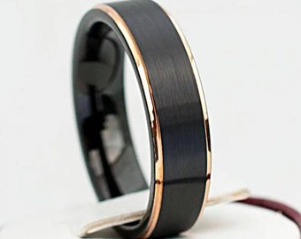 Black Tungsten Ring Classy Brushed Design With Rose Gold Thin Lines Wedding Bridal Band Men Woman 6MM Size 4 to 14 Fabulous His or Her Gift