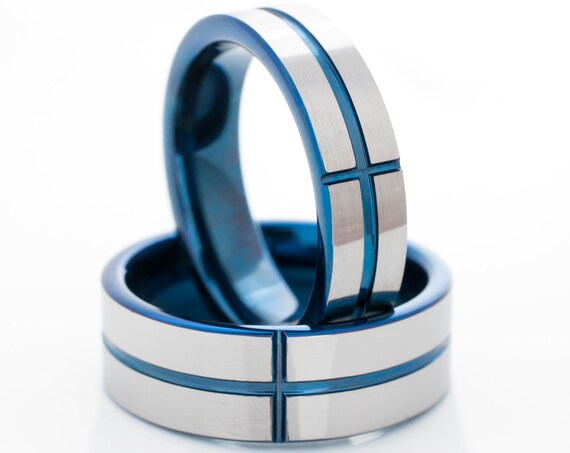 Tungsten Ring Blue Cross Wedding Band Men Women Religious Set Or Single Ring Grey Polished 8MM 6MM Size 5 to 14 Anniversary Engagement Gift