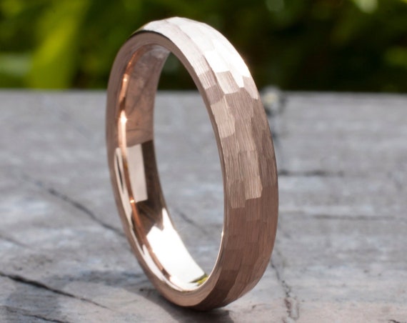 Hammered Rose Gold Tungsten Ring 4MM Woman Wedding Bridal Band Thin Classic Brushed Size 4 to 14 Her Anniversary Engagement Special Gift