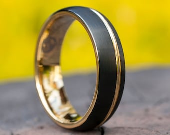 Gold Tungsten Ring Men Woman Black Wedding Band Matte Brush Design 6MM Size 4 to 14 Anniversary Special Occasion Gift Engraving Service Opt