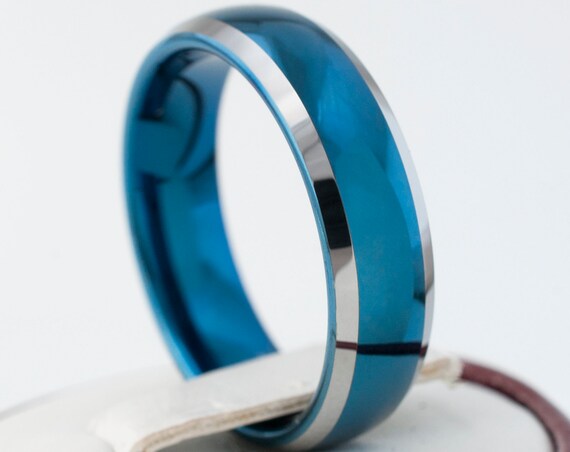 Blue Tungsten Ring Men Women Wedding Band White Grey Color Edges High Gloss Polished Domed 6MM Size 5-14 Special Anniversary Love Gift