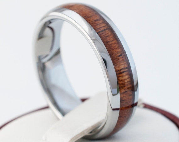 Wood Tungsten Ring 6MM Men Women Wedding Band Grey Polished Dome Design Size 5 to 14 Engraving Services Available Great Valentines Day Gift