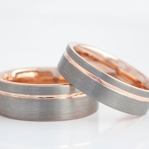 Rose Gold Tungsten Ring Men Women Set Or Single Wedding Band Grey Brushed Design His And Hers 8MM 6MM Size 4-15 Anniversary Engagement Gift