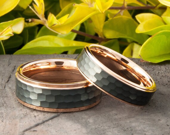 Rose Gold Tungsten Ring Black Hammered Wedding Band Men Women 8MM 6MM Set or One Size 5-15 Anniversary Engagement Duo Matching Couples Gift