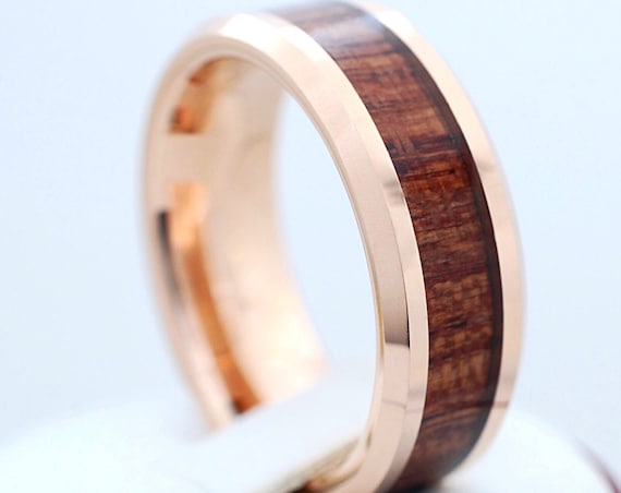 Rose Gold Tungsten Ring Wood Inlay Men Women Wedding Band Polished Elegant Beveled 8MM Size 5 to 15 His or Her Anniversary Engagement Gift