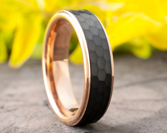 Rose Gold Tungsten Ring Black Hammered Wedding Band Women Men Two-Tone Comfort Fit 6MM Size 5 to 14 Anniversary Engagement Male Female Gift