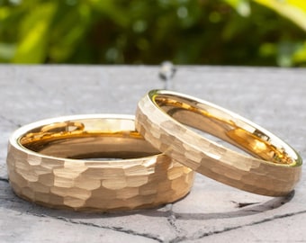 Hammered Gold Wedding Bands Brushed Comfort Fit Tungsten Rings His and Hers Matching Set Anniversary Gift Idea