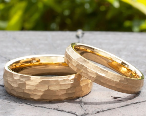 Hammered Gold Tungsten Ring Men Women Set or One Wedding Band Brush 6MM 4MM Size 4 - 14 Husband Wife Anniversary Engagement His Her Duo Gift