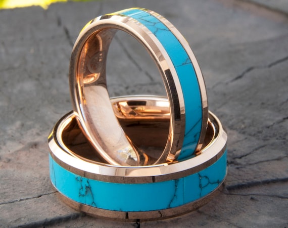 Turquoise Tungsten Ring Rose Gold Wedding Bands Men Women Anniversary Gift 8MM 6MM Size 4-15 His Her Duo Set or One Engagement Promise Ring