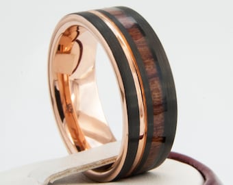 Black Tungsten Ring Rose Gold Wedding Band Wood Inlay Groove Men 8MM Comfort Fit Design Size 4 to 15 Perfect Husband Unique Anniversary Gift