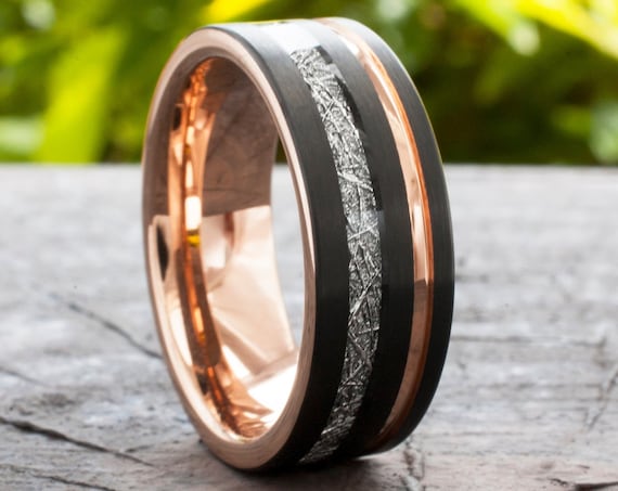 Rose Gold Tungsten Ring Black Wedding Band Meteorite Inlay Groove Men 8MM Comfort Fit Size 5 to 15 Husband Unique Anniversary Valentine Gift