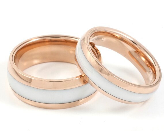 Tungsten Ring Rose Gold Men Women White Wedding Band Set Or Single Ring 8MM 6MM Size 4 to 14 His Her Engagement Proposal Promise Ring Gift
