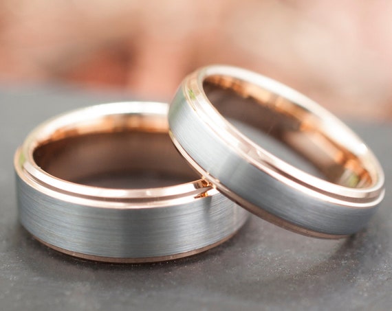 Rose Gold Tungsten Ring Men Women Wedding Band Grey Brushed Set Or Single Beveled His Hers 8MM 6MM Size 5 to 15 Anniversary Engagement Gift