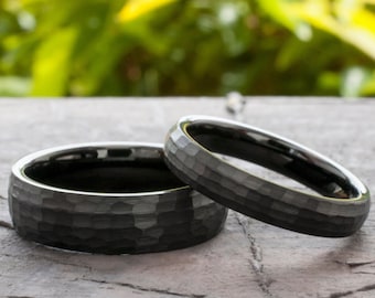 His and Hers Hammered Black Tungsten Ring Set, Brushed Couples Anniversary Wedding Band