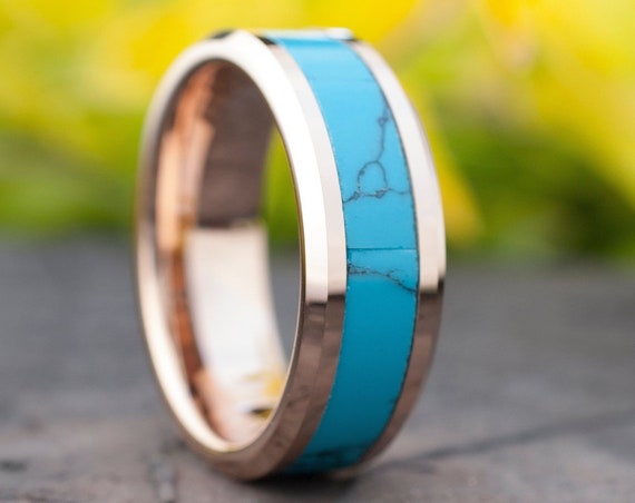 Rose Gold Turquoise Tungsten Ring Men Women Natural Wedding Band 8mm Comfort Fit Size 5-15 Husband Wife Blue Green Promise Engagement Ring