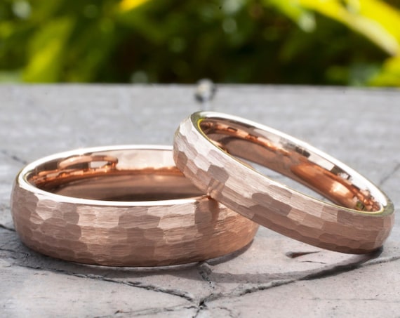 Hammered Tungsten Ring Rose Gold Men Women Wedding Band Brush 6MM 4MM Set Or Single Ring Size 4 to 14 Husband Wife Anniversary Duo Gift
