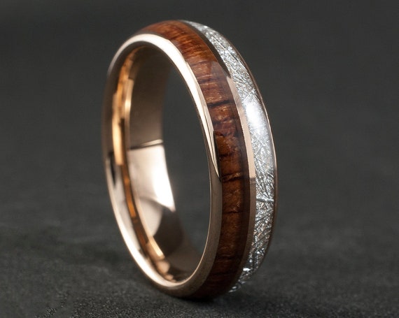 Wood Meteorite Rose Gold Tungsten Ring 6MM Male Female 2 Layer Wedding Band Size 4 to 14 Men Women Anniversary Elegant Engagement Love Gift