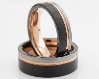 Rose Gold Tungsten Rings, Men Women Wedding Band Set, Brushed Black Gray Tricolor Ring, Couples Anniversary Gift
