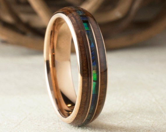 Wood Mother of Pearl Rose Gold 6MM Tungsten Ring Men Women Wedding Band Abalone 3-Layer Size 4 to 14 Anniversary Male Wife Special Gift Idea