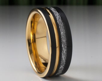 Gold Tungsten Ring Black Brushed Meteorite Inlay 8mm Wedding Band Men Women Anniversary Gift