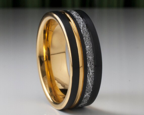Gold Black Tungsten Ring Men Meteorite Inlay Wedding Band Yellow Groove 8MM Male Comfort Fit Size 5 to 15 Personal Anniversary Gift Idea