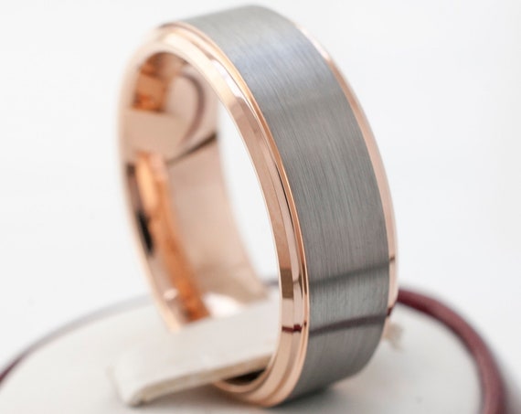 8MM Rose Gold Tungsten Ring Grey Men Wedding Band Beveled Edges Brush Design Size 5 to 15 Anniversary Love Promise Ring His Engagement Gift