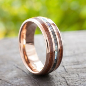 Wood Tungsten Ring Rose Gold Men Women Mother Of Pearl Wedding Band Abalone 8MM Size 4 to 15 Anniversary His or Her Elegant Special Gift image 1