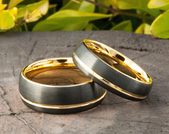 Gold Tungsten Ring Two-Tone Black And Yellow Wedding Band Matte Design Men Women 8MM 6MM Size 4 to 15 Anniversary Set Or Single Ring Gift