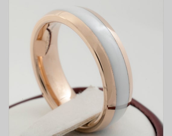 Rose Gold Tungsten Carbide Ring White Wedding Band Women Men High Polished Ceramic Design 6MM Size 4 to 14 His Her Elegant Anniversary Gift